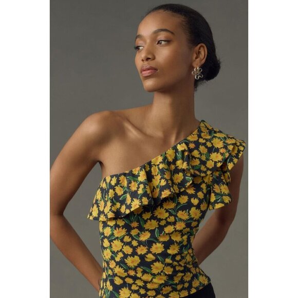 NWT Anthropologie Maeve One-Shoulder Ruffled Top XXS Sunflower Floral Bl… - Picture 1 of 9